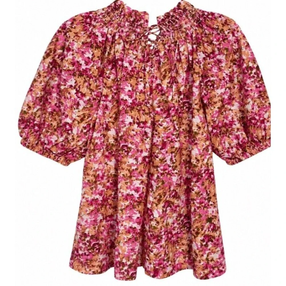 J. Crew Women’s S Pink Floral Blouse Smocked Ruffle Puff Sleeve Cottagecore